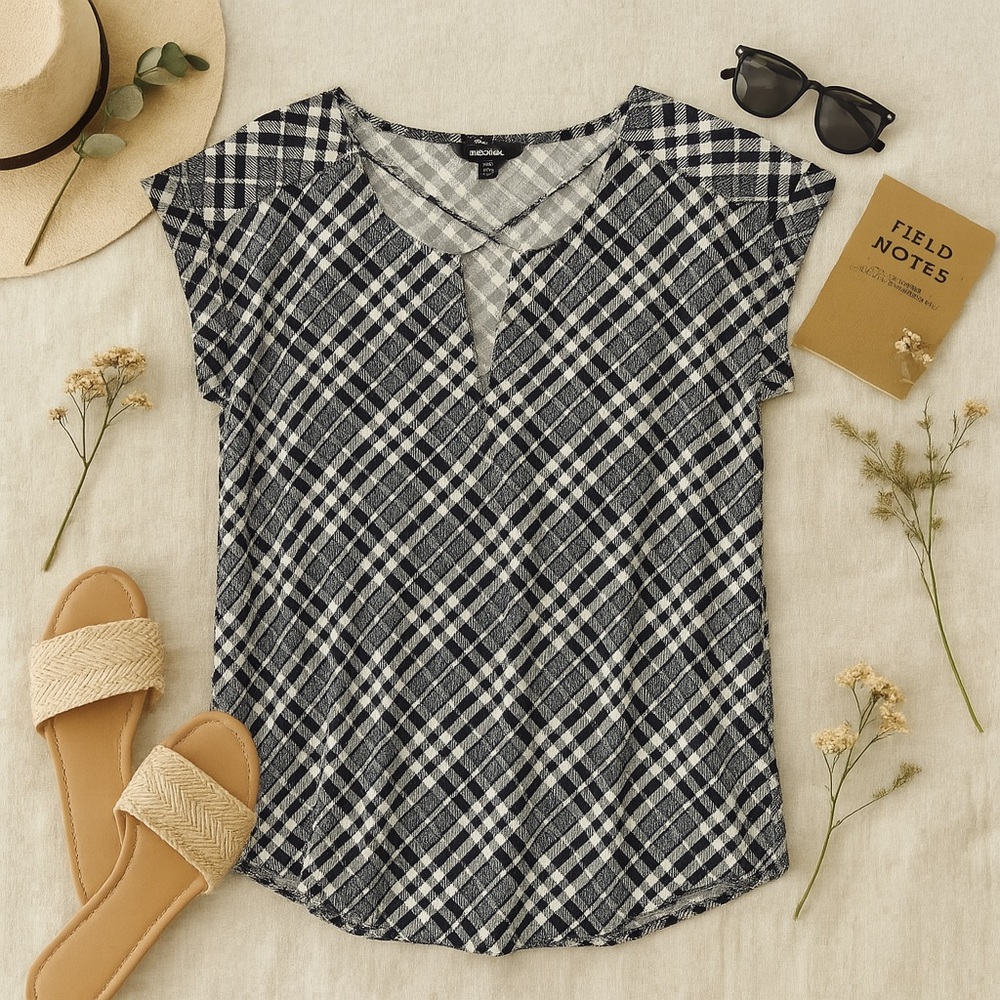 Express Plaid Criss-Cross Neckline Flutter Sleeve Blouse Size Medium